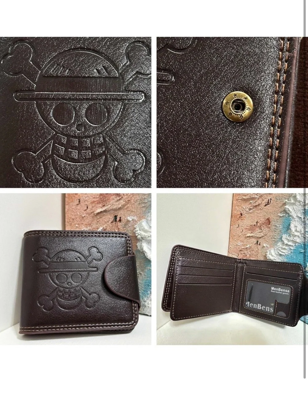 One Piece Luffy Skull Bifold Wallet w/ Straw Hat Pirate Keychain Brown Anime